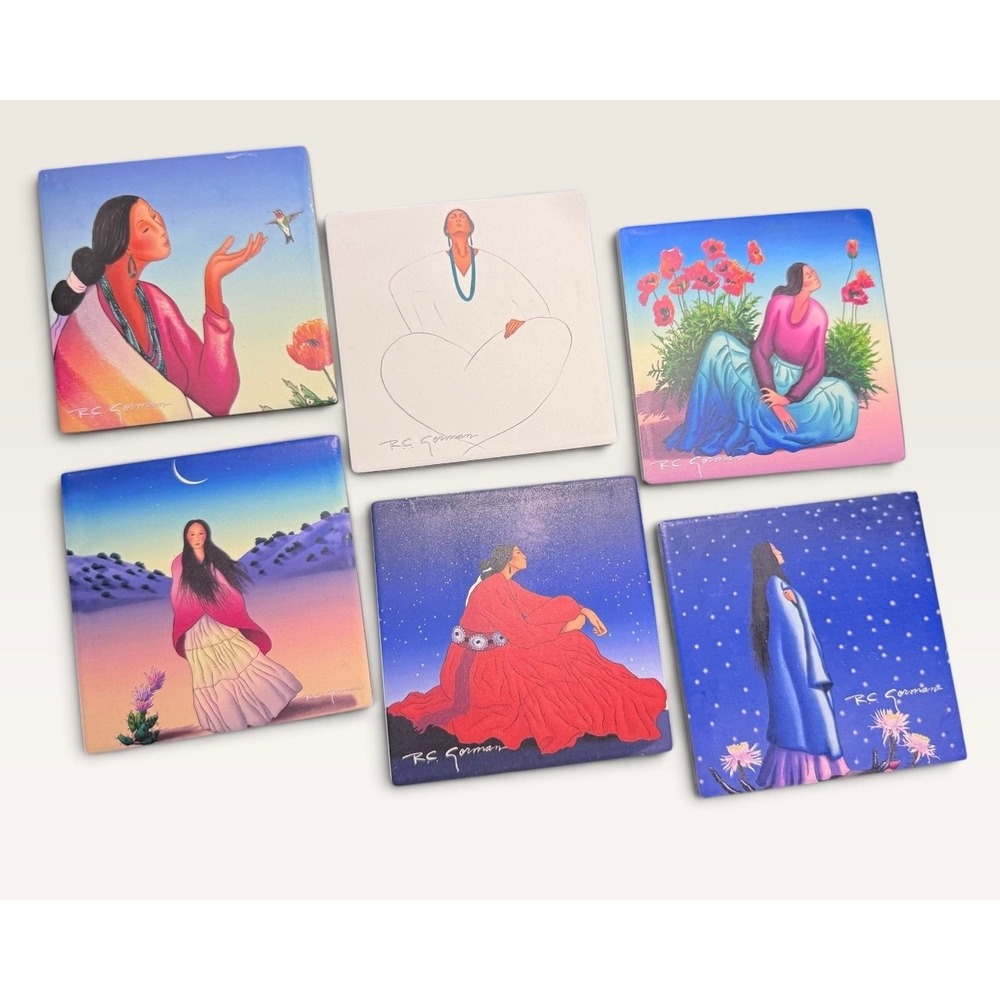 RC Gorman Native American Art Coasters 6 w Holder Navajo Southwest Lady Woman